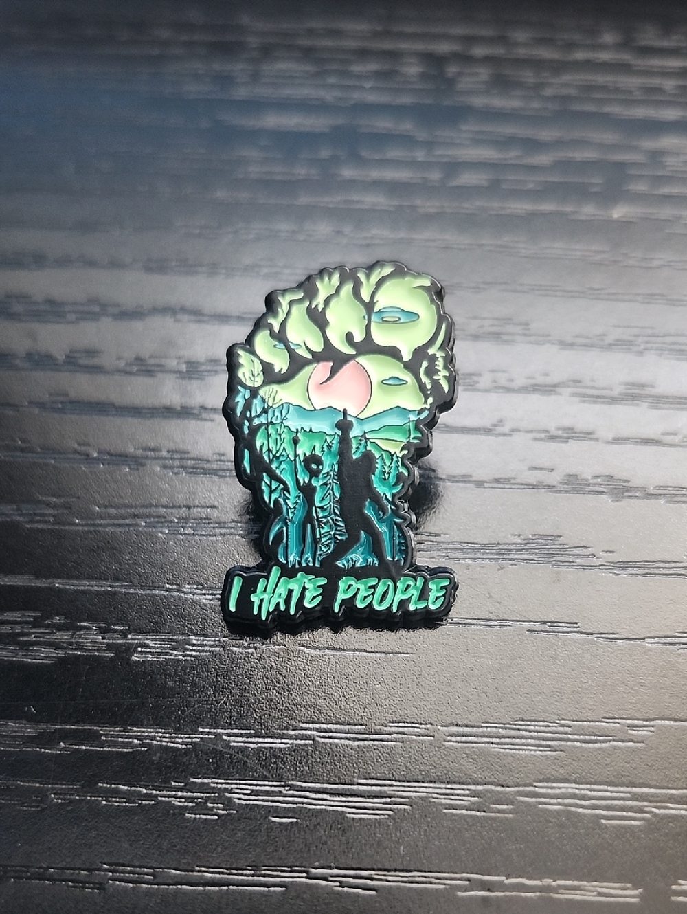 Alien And Bigfoor "I Hate People" Enamel Pin - Green and Teal